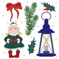 Xmas set with an elf and decor elements Royalty Free Stock Photo